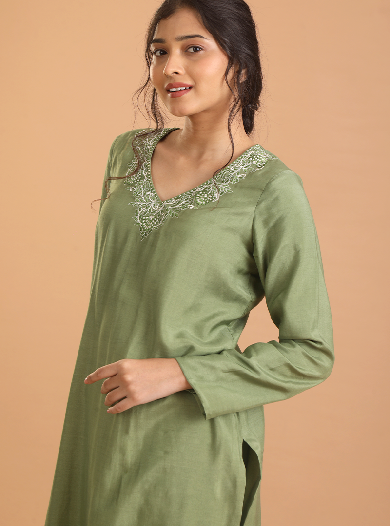 Green embroidery kurta set