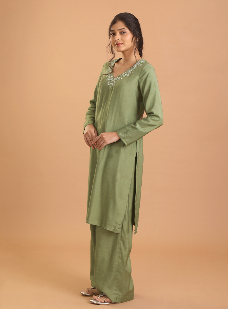 Green embroidery kurta set