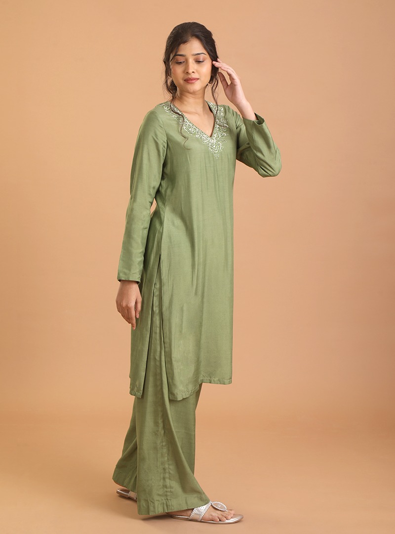 Green embroidery kurta set