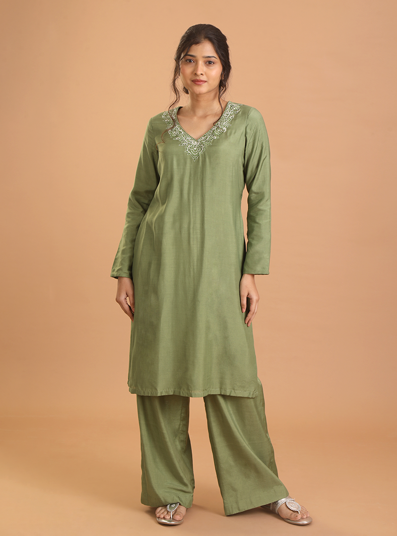 Green embroidery kurta set