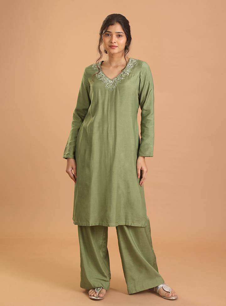 Green embroidery kurta set