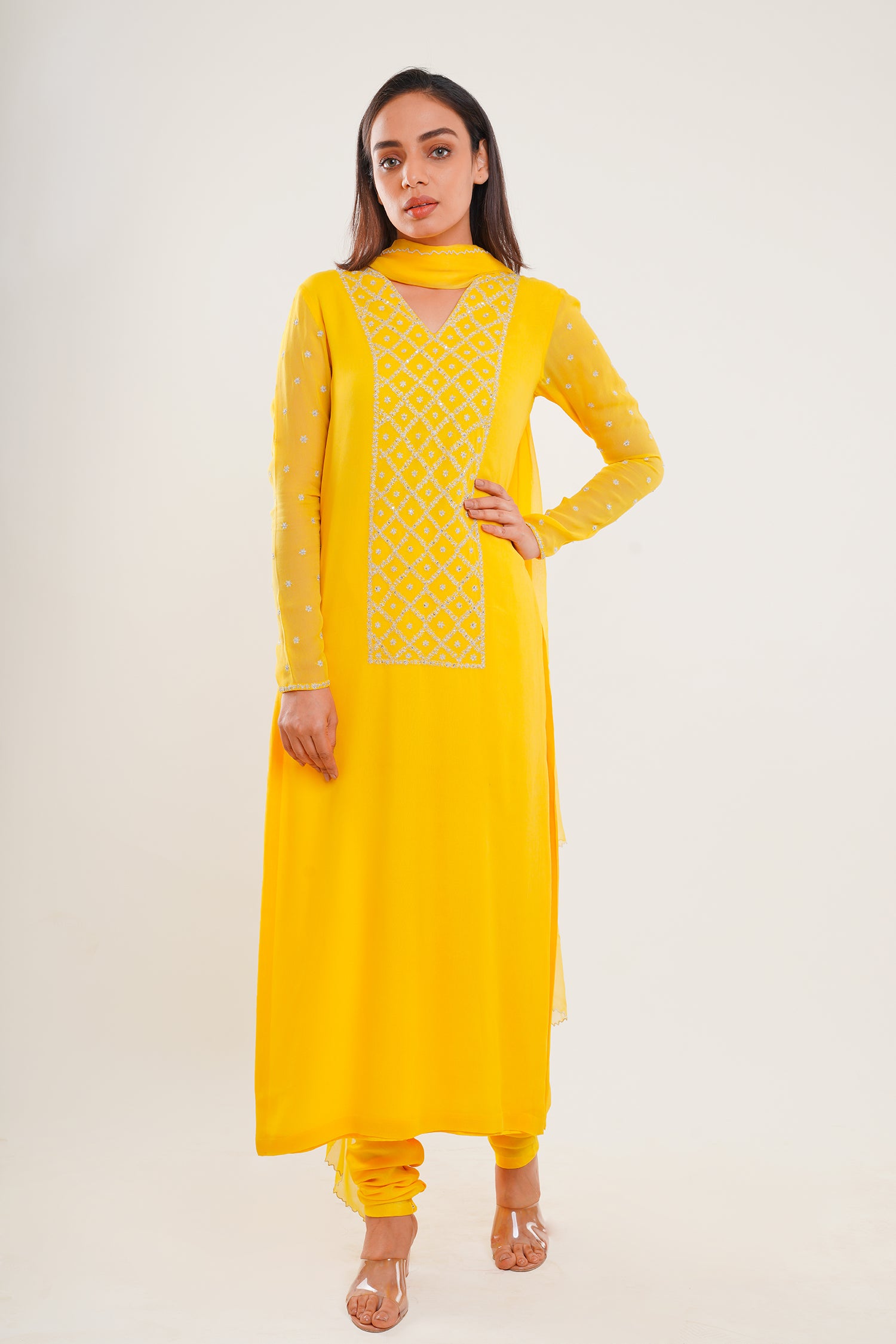 Lemon Yellow Long Kurti Set with Dupatta
