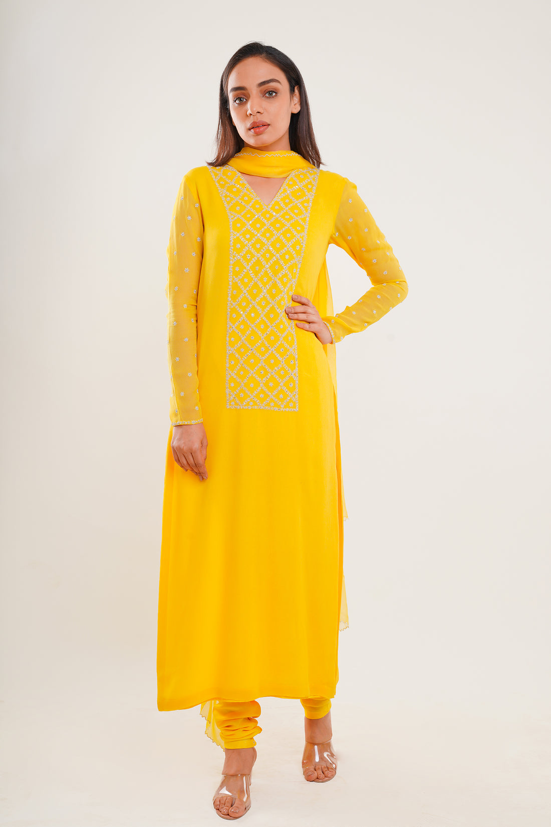 Lemon Yellow Long Kurti Set with Dupatta