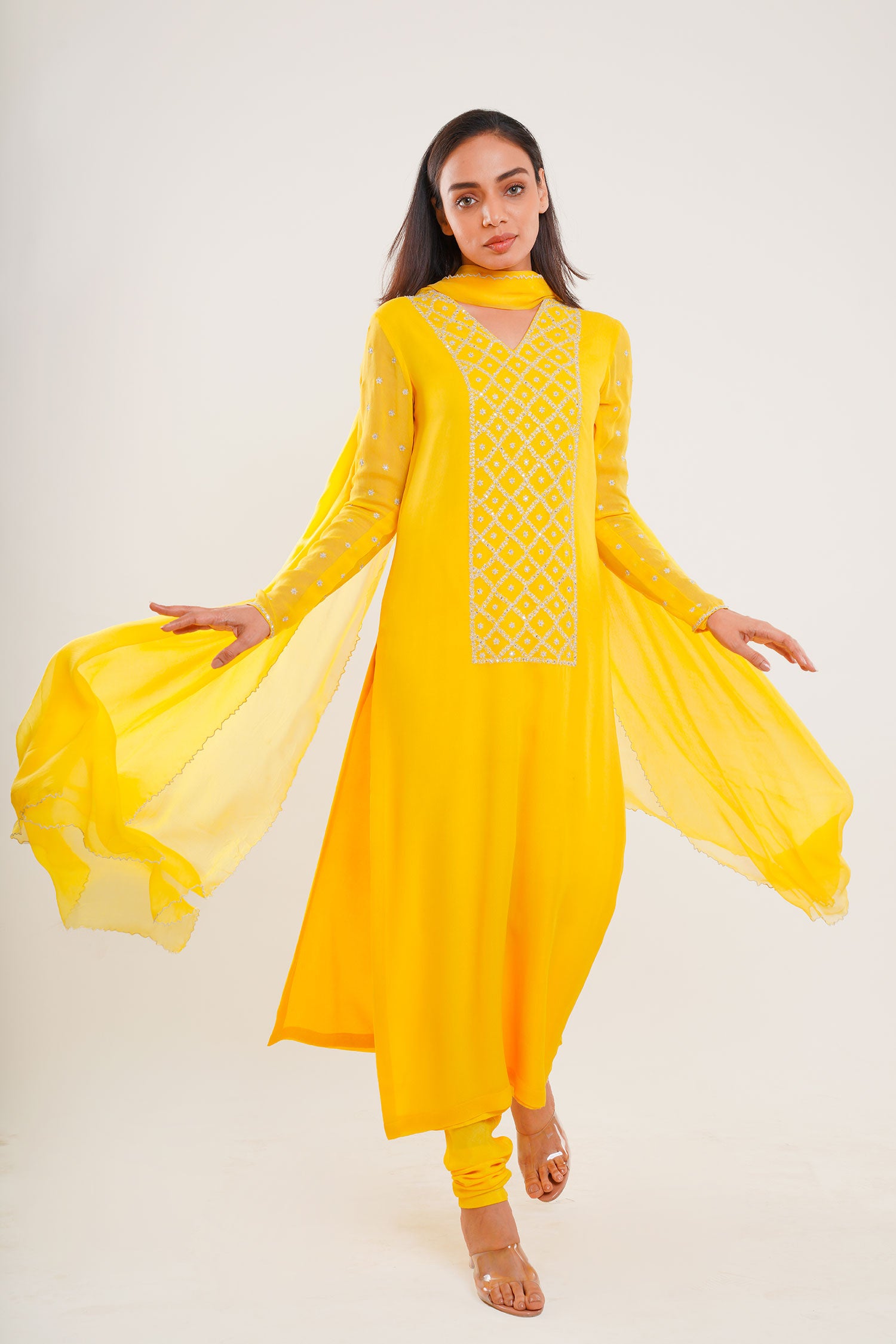 Lemon Yellow Long Kurti Set with Dupatta