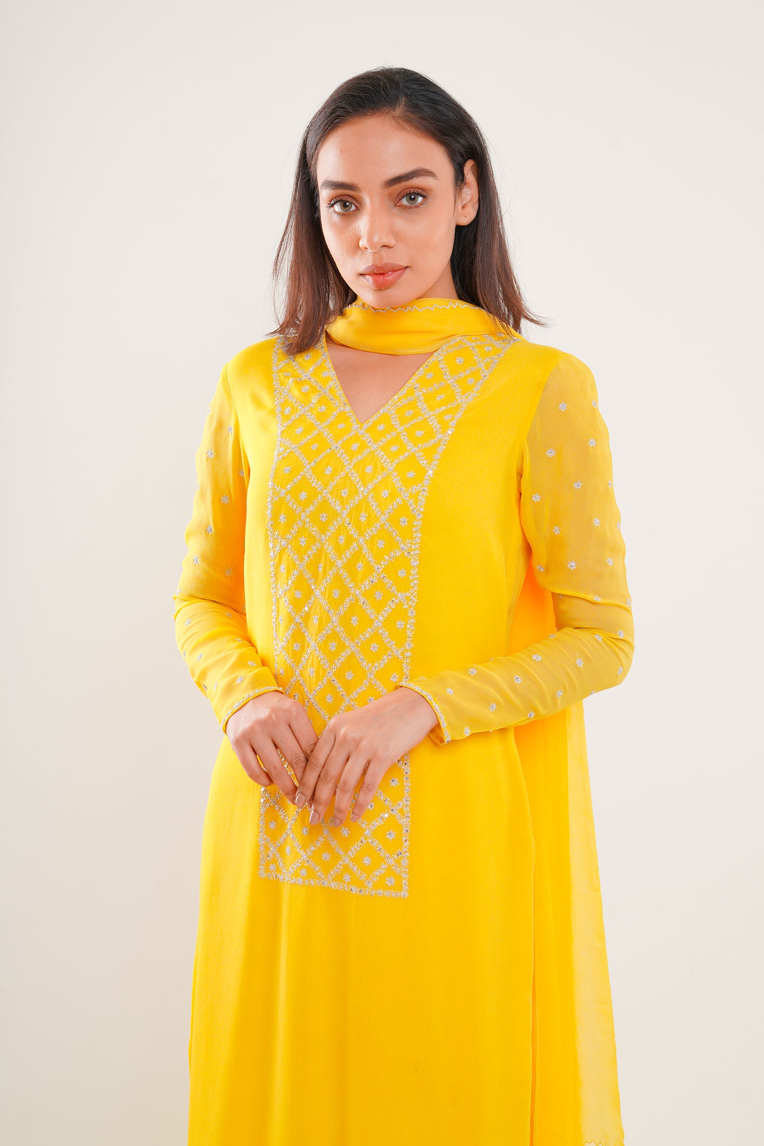 Lemon Yellow Long Kurti Set with Dupatta
