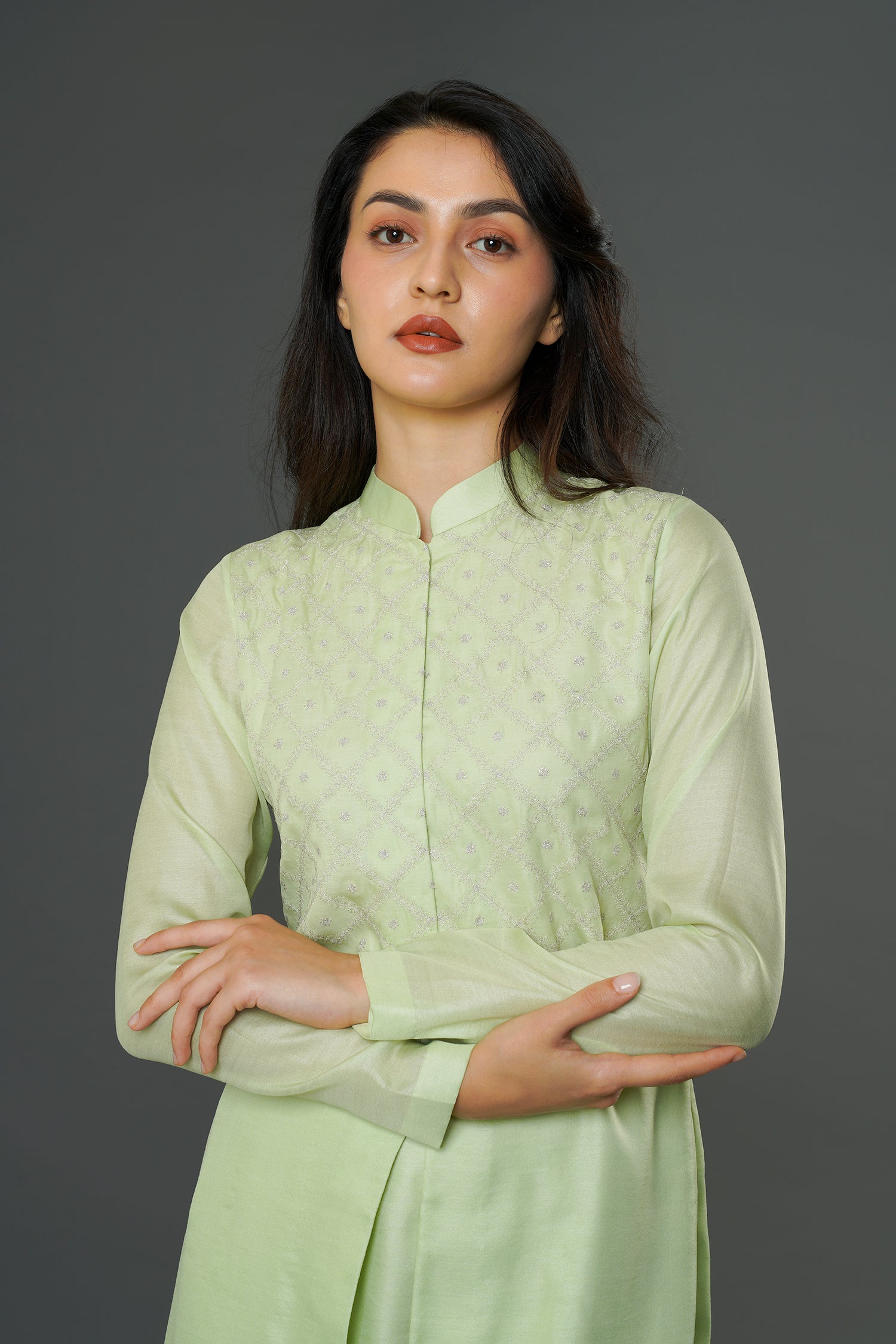 Misty Green Long Kurti with Pants