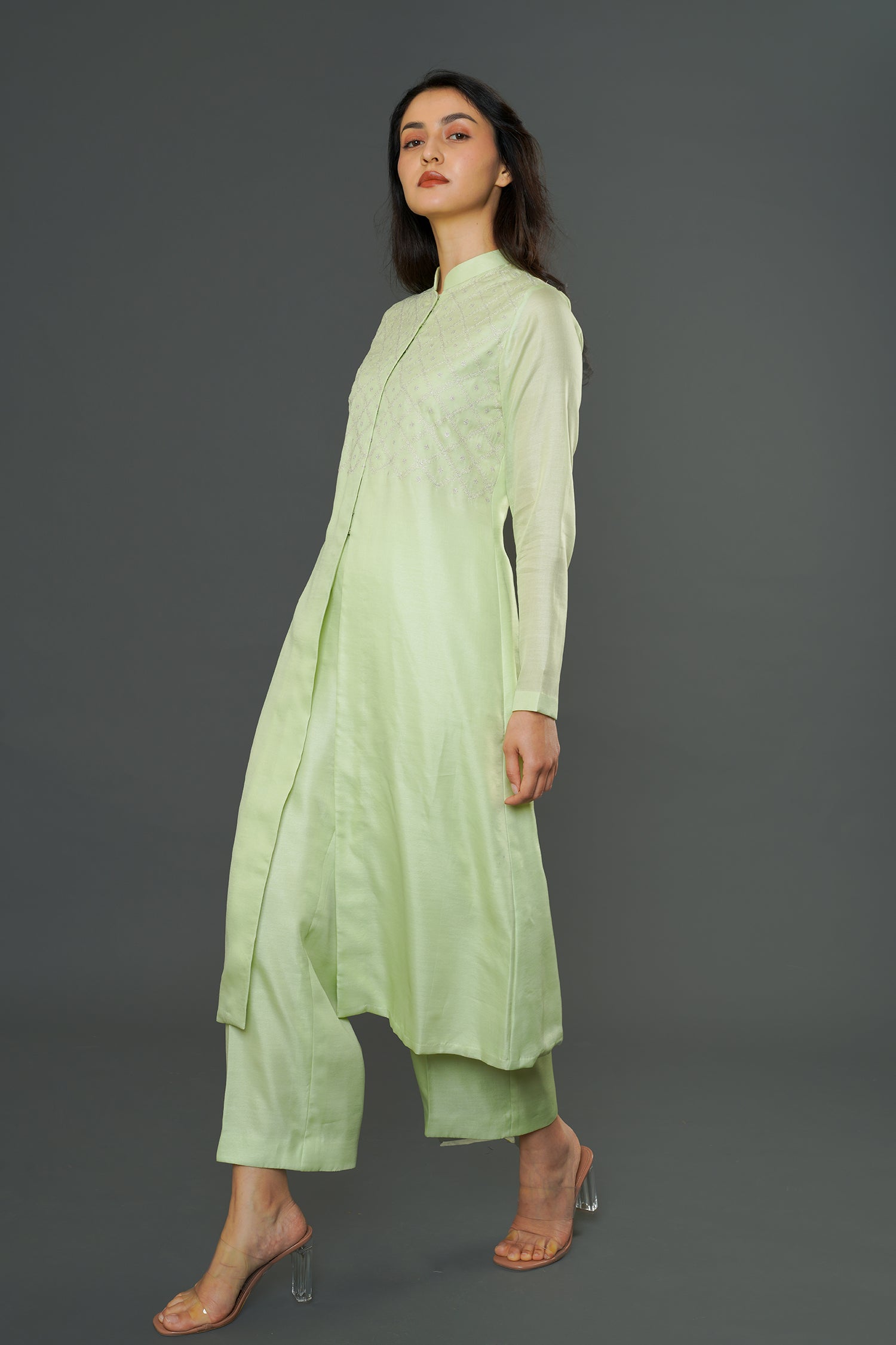 Misty Green Long Kurti with Pants