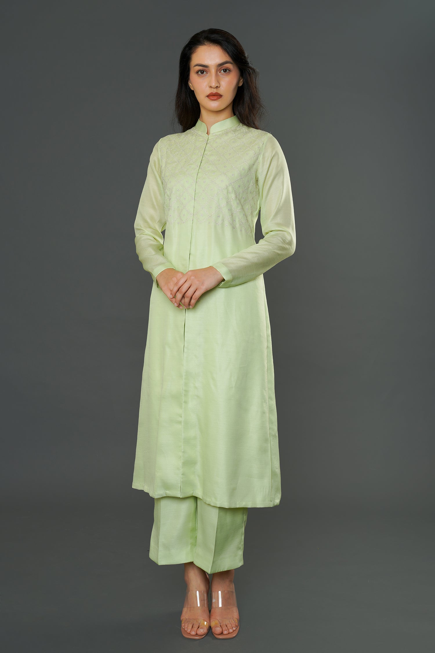 Misty Green Long Kurti with Pants